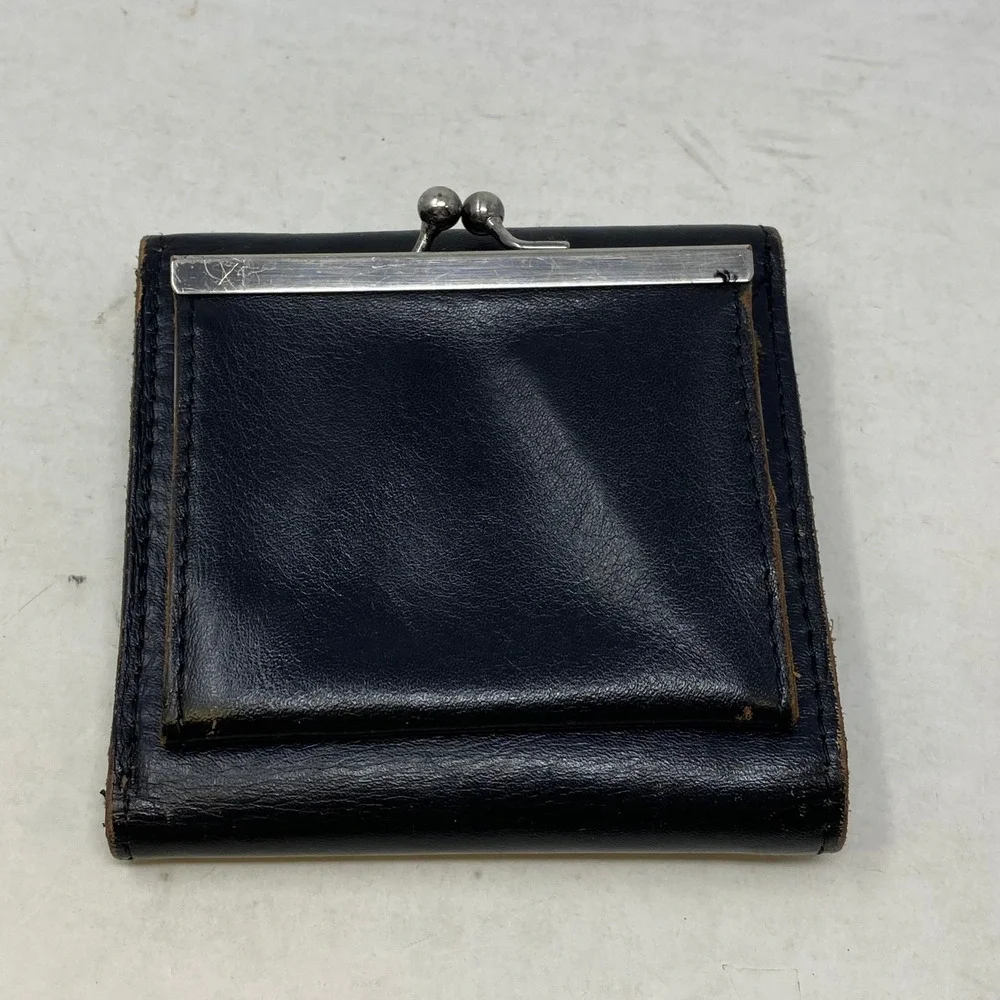Patricia Nash Black Italian Leather Trifold Wallet Floral Kiss Lock Coin Pouch